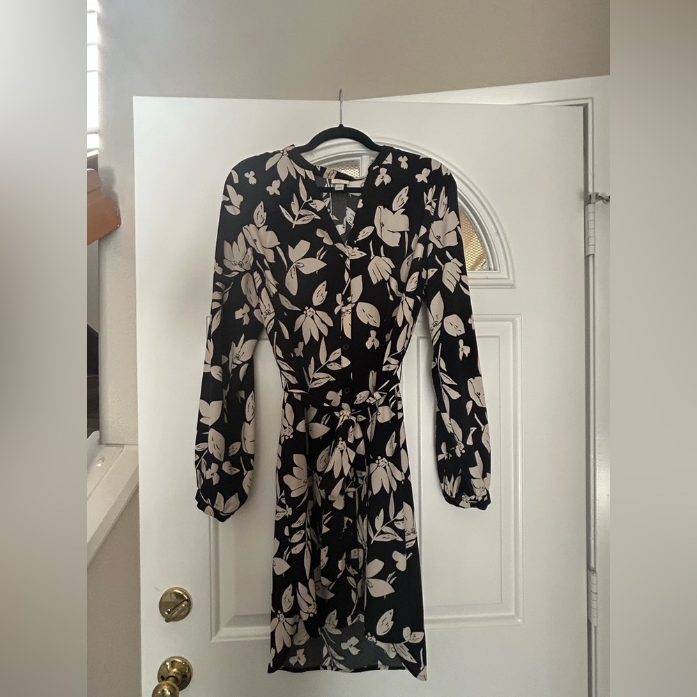 A NEW DAY black & ivory floral button front long sleeved belted shirt dress sz L